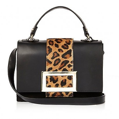 River Island Black leather animal print boxy handbag – glamorous leopard printed bags – chic top / grab handle – crossbody handbags - flipped