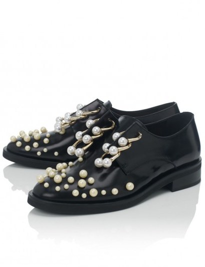 COLIAC Black Pearl Derby Martina Shoes black. Embellished brogues | embellished flats | casual luxe | pearls | flat statement shoes - flipped