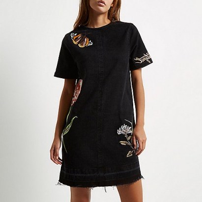 River Island Black washed embroidered T-shirt denim dress. Casual fashion | round neck shift dresses | embroidery | flowers and butterflies - flipped