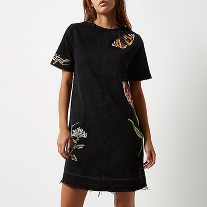 River Island Black washed embroidered T-shirt denim dress. Casual fashion | round neck shift dresses | embroidery | flowers and butterflies