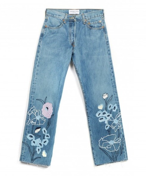 BLISS AND MISCHIEF BLUE EMBROIDERED WILD FLOWER CROPPED HIGH RISE JEANS. Blue denim | floral embroidery | casual fashion | weekend style clothing - flipped
