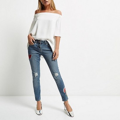 River Island Blue embroidered Alannah relaxed skinny jeans. Blue denim | casual fashion | butterfly embroidery - flipped