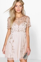 BOOHOO BOUTIQUE ELA EMBELLISHED SKATER DRESS in nude – pale pink party dresses – going out fashion – glamorous & girly – feminine evening wear – fashionable – on-trend semi sheer style