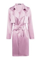 BOOHOO BOUTIQUE BOUTIQUE MILLIE SILKY MIDI TRENCH in mauve – fashionable coats – on-trend outerwear – autumn chic – glamorous fashion