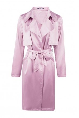 BOOHOO BOUTIQUE BOUTIQUE MILLIE SILKY MIDI TRENCH in mauve – fashionable coats – on-trend outerwear – autumn chic – glamorous fashion - flipped