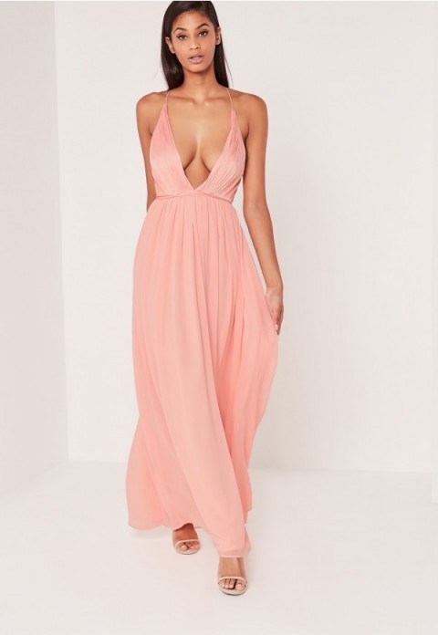 Missguided Carli Bybel Pleated Silky Maxi Dress In Pink Deep V