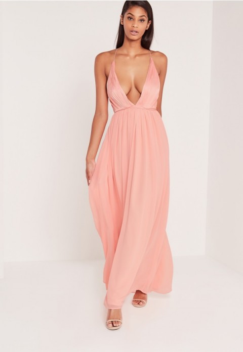 Missguided carli bybel pleated silky maxi dress in pink. Deep V necklines | plunging neckline | low cut neck | plunge front dresses