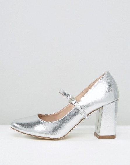 Carvela Kool Mary Jane High Heeled Shoes silver ~ high block heels ~ metallic Mary Janes ~ almond toe - flipped