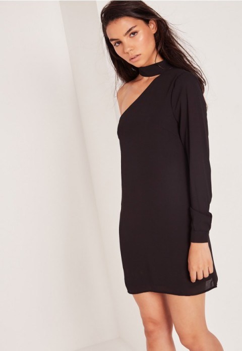 missguided choker neck asymmetric shift dress black ~ lbd ~ party glamour ~ evening chic ~ going out dresses - flipped