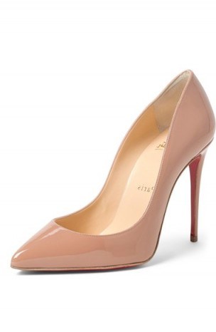 Christian Louboutin Pigalle Follies Pointy Toe Pump in nude patent – designer high heels – luxe court shoes – pale pink courts – high heeled pumps – stiletto heel – womens accessories - flipped