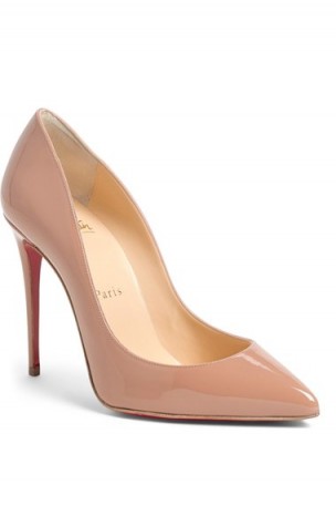Christian Louboutin Pigalle Follies Pointy Toe Pump in nude patent – designer high heels – luxe court shoes – pale pink courts – high heeled pumps – stiletto heel – womens accessories