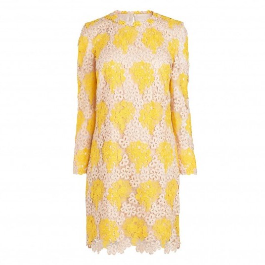 L.K. Bennett Claudett Buttercup Shift Dress yellow ~ crochet flowers ~ long sleeved lace dresses ~ scalloped hem - flipped