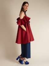 ANNA OCTOBER Cold-shoulder ruffled dress maroon-red ~ ruffled sleeves ~ designer fashion ~ feminine style dresses
