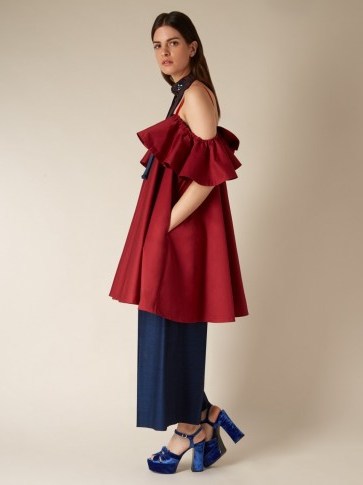ANNA OCTOBER Cold-shoulder ruffled dress maroon-red ~ ruffled sleeves ~ designer fashion ~ feminine style dresses - flipped