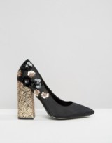 Daisy Street Flower Glitter Point Heeled Shoes ~ affordable luxe ~ high block heels ~ floral embellished courts ~ sequined flowers ~ feminine footwear