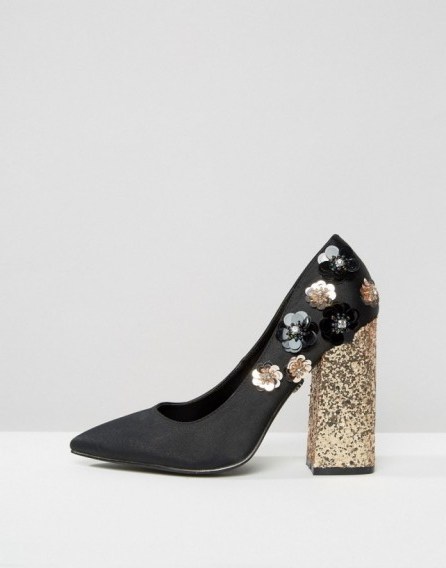 Daisy Street Flower Glitter Point Heeled Shoes ~ affordable luxe ~ high block heels ~ floral embellished courts ~ sequined flowers ~ feminine footwear - flipped