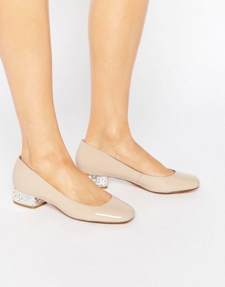 Dune Bijoux Nude Patent Ballerina With Jewel Heel ~ luxe style ballerinas ~ luxury look ~ embellished flats ~ jewelled block heels ~ chic flat shoes - flipped