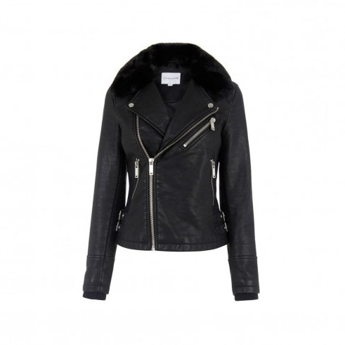 WAREHOUSE FAUX FUR COLLAR BIKER JACKET black – autumn | winter style – casual jackets – on-trend fashion – womens fashionable outerwear – warm coats - flipped