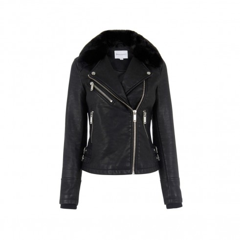 WAREHOUSE FAUX FUR COLLAR BIKER JACKET black – autumn | winter style – casual jackets – on-trend fashion – womens fashionable outerwear – warm coats