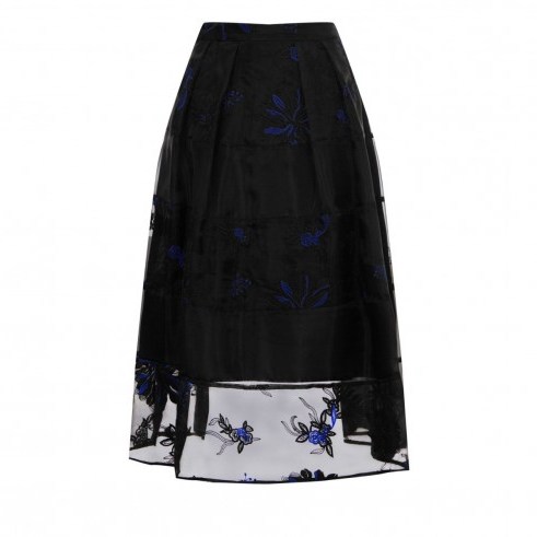 warehouse FLORAL EMBROIDERED MIDI SKIRT BLACK ~ flower embroidered skirts ~ feminine fashion ~ semi sheer ~ tiered style - flipped