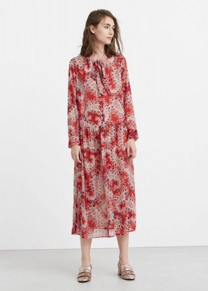 mango red floral print dress tokyo-d ~ long sleeved flower printed dresses ~ red and white prints ~ drop waist ~ flowy fabric - flipped
