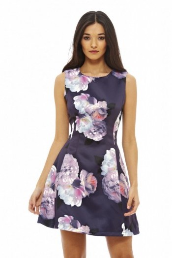 ax paris FLORAL PRINTED SKATER DRESS NAVY ~ large flower prints ~ fit and flare style ~ sleeveless ~ fashion - flipped