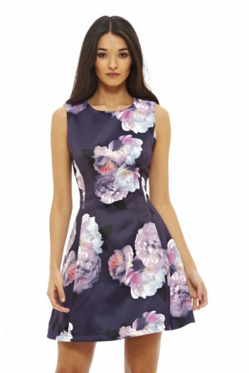 ax paris FLORAL PRINTED SKATER DRESS NAVY ~ large flower prints ~ fit and flare style ~ sleeveless ~ fashion