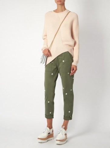 STELLA MCCARTNEY Flower-embroidered slim-leg cotton-blend trousers khaki green. Casual fashion | white embroidered flowers | floral embellished pants - flipped