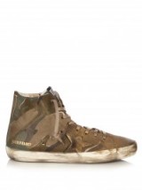 GOLDEN GOOSE DELUXE BRAND Francy camouflage-print high-top canvas trainers. Sports luxe | luxury sneakers | green & gold metallic flats | casual flat shoes |