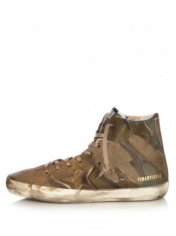 GOLDEN GOOSE DELUXE BRAND Francy camouflage-print high-top canvas trainers. Sports luxe | luxury sneakers | green & gold metallic flats | casual flat shoes | - flipped