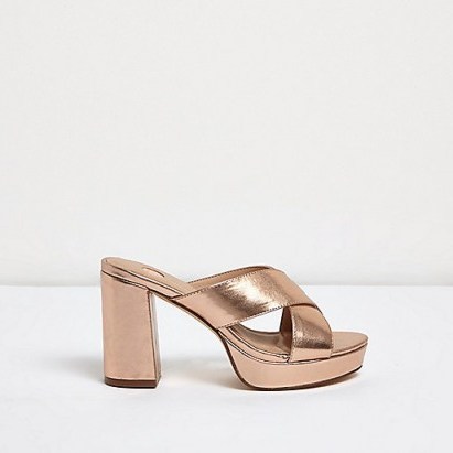 River Island Gold crossover platform mules – metallic sandals – chunky high heels – glamorous platforms – platform mule – block heel shoes - flipped