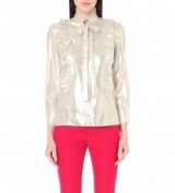 GUCCI Ruffle-trim metallic shirt ~ metallics ~ ruffled blouses ~ high neck ruffles ~ designer shirts