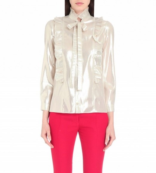 GUCCI Ruffle-trim metallic shirt ~ metallics ~ ruffled blouses ~ high neck ruffles ~ designer shirts - flipped