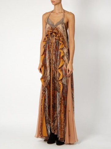 CHLOÉ Halterneck chain-detail silk gown ~ stunning gowns ~ long designer dresses ~ maxi style ~ ruffles ~ ruffled ~ autumn colours ~ mixed prints ~ brown grey pink orange tones ~ luxe clothing - flipped