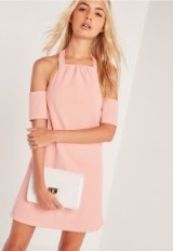 missguided halterneck cold shoulder swing dress pink ~ going out dresses ~ feminine evening wear ~ party fashion