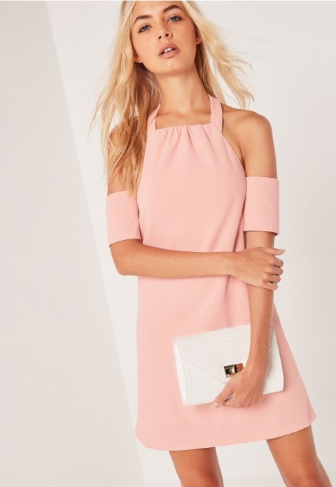 missguided halterneck cold shoulder swing dress pink ~ going out dresses ~ feminine evening wear ~ party fashion - flipped