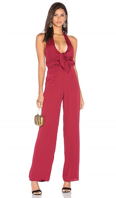 HOUSE OF HARLOW 1960 X REVOLVE COCO TIE FRONT JUMPSUIT oxblood. Plunge front jumpsuits | plunging neckline | glamorous evening wear | party fashion - flipped