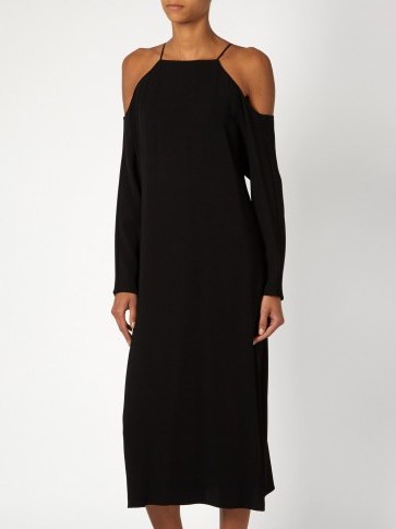 THE ROW Ikeda cold-shoulder midi dress in black. Designer cady dresses | Olsen twins luxury brand | chic fashion | elegant clothing - flipped