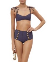 LISA MARIE FERNANDEZ Indigo Denim Button Nicole Bikini blue. Vintage style swimwear | high waisted binkini bottoms | designer bikinis | summer holiday beachwear