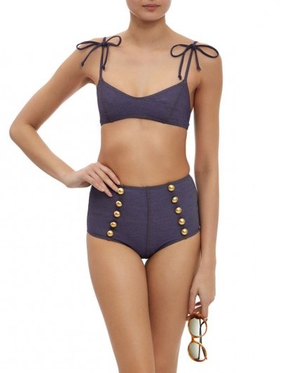 LISA MARIE FERNANDEZ Indigo Denim Button Nicole Bikini blue. Vintage style swimwear | high waisted binkini bottoms | designer bikinis | summer holiday beachwear - flipped