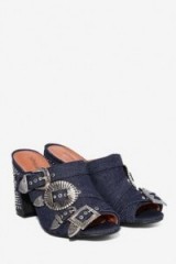 Jeffrey Campbell Fanta Studded Mule. Blue denim mules | chunky heeled shoes | buckled high heels | open toe | studded heel