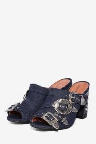 Jeffrey Campbell Fanta Studded Mule. Blue denim mules | chunky heeled shoes | buckled high heels | open toe | studded heel - flipped