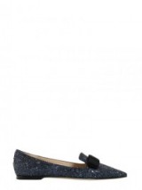 Jimmy Choo Glittered Gala loafer. Chic blue flats | pointed toe | flat designer shoes | front bow