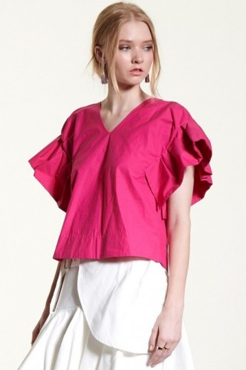 Storets Kassie Pleated Cap Blouse pink. Feminine tops | ruffled sleeves | structured style fashion | wide ruffles - flipped