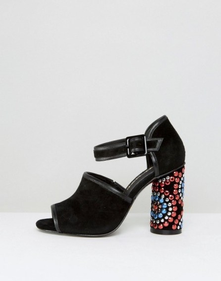 Kat Maconie Sierra Black Embellished Heel Leather Sandals – chunky high heels – suede peep toe shoes – ankle strap - flipped