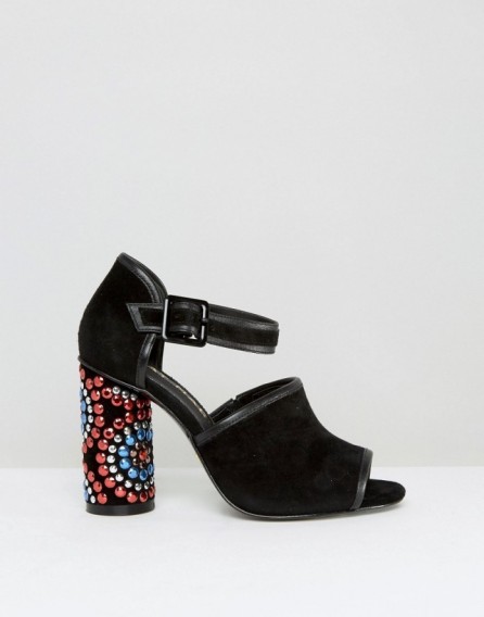 Kat Maconie Sierra Black Embellished Heel Leather Sandals – chunky high heels – suede peep toe shoes – ankle strap