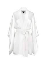 KIKI DE MONTPARNASSE AMOUR SILK KIMONO ROBE in ivory – in the style of model Rosie Huntington-Whiteley (Rosie’s from Autograph now sold out) on Instagram, 22 August 2016. Celebrity fashion | star style | designer robes | luxe wraps | luxury belted kimonos | waist tie |
