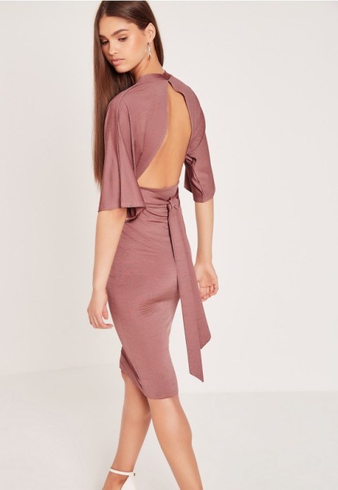 missguided kimono sleeve open back midi dress pink – plunge front party dresses – fitted going out fashion – evening glamour – tie back - flipped