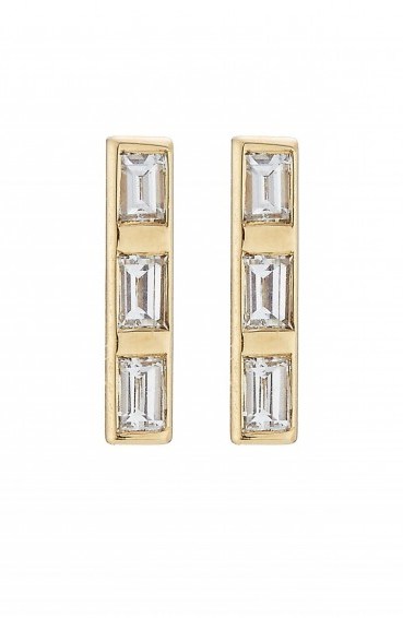 ILEANA MAKRI 18K Yellow Gold Baguette Earrings with White Diamonds. Small stud earrings | luxe style jewellery | diamond jewelry | dainty studs - flipped
