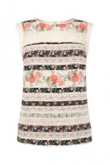OASIS LACE STRIPE WOVEN FRONT TOP ~ sleeveless floral tops ~ flower print fashion ~ plain back printed front